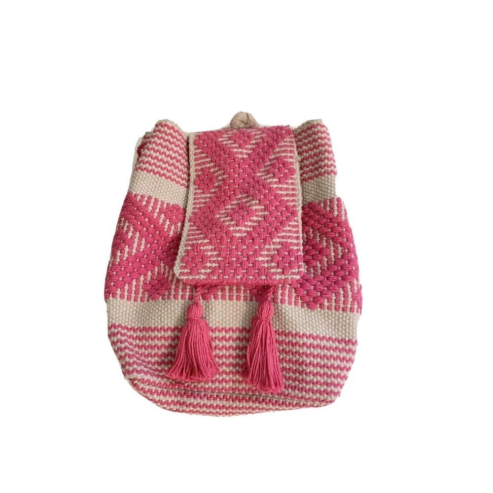 Handmade Woven Oaxaca Mexico mini pink backpack Boho Hippie Style W/flap